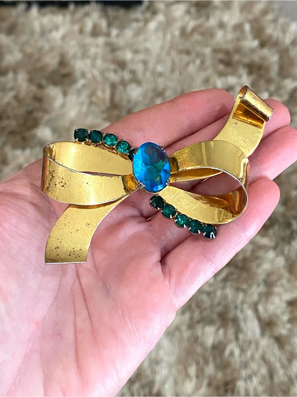 Vintage Sterling Silver Gold Wash Blue Rhinestone Bow Brooch 1940’s